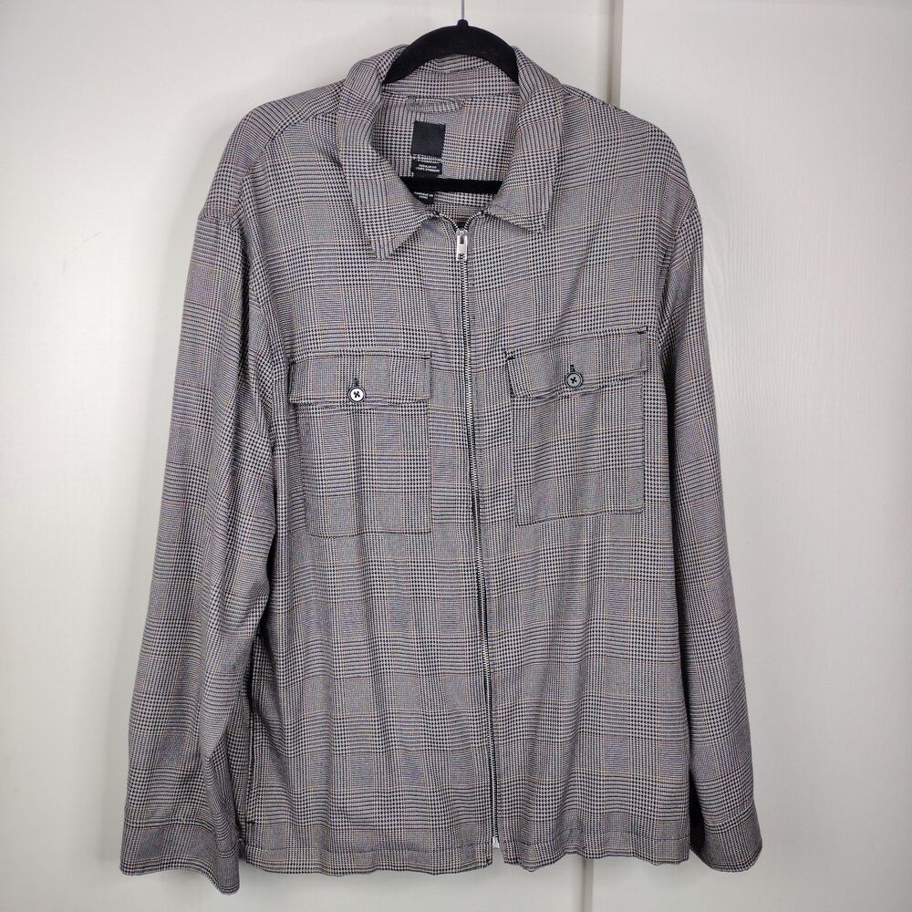H&M Glen Plaid Houndstooth Full Zip Light Weight Jacket Mens Sz XXL Brown Black